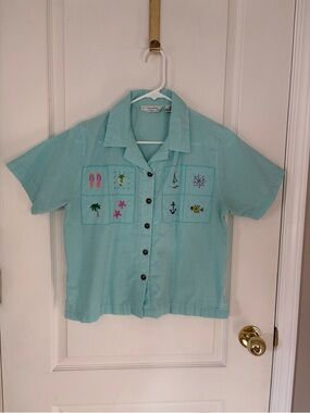 Vintage Keneth Too Petite Gingham Button-Up Top Beach Embroidery Top